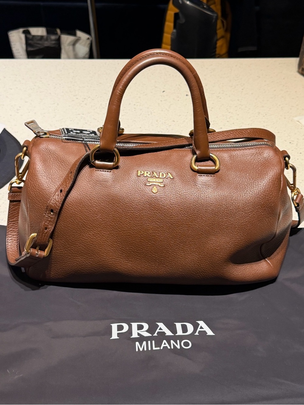 Prada Brown Leather boston Bag with Gold Hardware